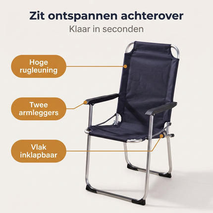 Cheqo® Campingstoel Donkerblauw - Opvouwbaar - Klapstoel - Vouwstoel - Kampeerstoel - Strandstoel - Tuinstoel - Visstoel - Aluminium Frame - met Armleuningen - Hoge Rugleuning - Lichtgewicht - Festivalstoel - voor Camping, Tuin en Balkon - Benefit Map