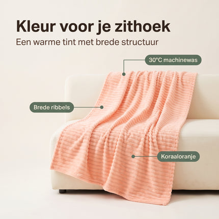 Cheqo® Fleece Deken - Plaid - Fleece Plaid met Ribstof - Woondeken - Knuffeldeken - Bankdeken - Plaid voor Bank - Grand Foulard - Sprei - Heerlijk Zacht en Warm - Oranje Plaid - Deken voor Bed en voor Woonkamer - Fleece Blanket - Benefit Map
