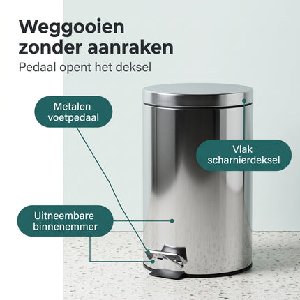 Cheqo® Pedaalemmer - Hoogglans RVS Prullenbak - Afvalemmer - Vuilnisbak - Afvalbak - Ronde Prullenbak met Binnenemmer - Pedaalemmer met Deksel en Voetpedaal - Prullenbak voor Keuken - Afvalemmer voor Badkamer en Toilet - Pedaalprullenbak - Benefit Map