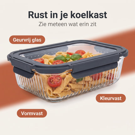 Cheqo® Glazen Vershouddoos - Vershoudbakje - Bewaardoos - Voedseldoos - Meal Prep Bakje - Voorraaddoos - Opbergdoos met Klemdeksel - Rechthoekig - Antraciet/Transparant - Grijs - voor Koelkast en Keukenkast - Eten en Restjes Bewaren - Benefit Map