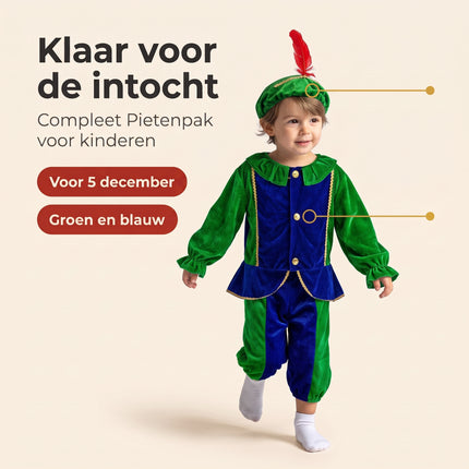 Cheqo® Pietenpak Kind 110-116 - Groen Blauw - Sinterklaas Verkleedkleding - Pieten Kostuum voor Kinderen - Pietenpak voor Jongens en Meisjes - Verkleden als Piet - Jasje en Pofbroek met Pietenmuts - Pakjesavond en Intocht - ca. 5-6 Jaar - Benefit Map
