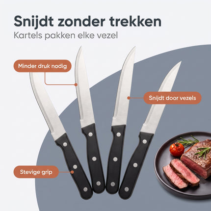Cheqo® Steakmessen Set van 4 - Steakmes - Messenset met Gekarteld Lemmet - Kartelmessen - Tafelmessen - Vleesmessen - Vleesmes - BBQ Messen - Barbecue Messen - Steakmessenset - Scherpe Messen - Vaatwasserbestendig - Pizzames - Roestvrij Staal - Benefit Map