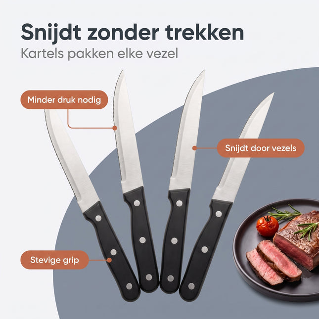 Cheqo® Steakmessen Set van 4 - Steakmes - Messenset met Gekarteld Lemmet - Kartelmessen - Tafelmessen - Vleesmessen - Vleesmes - BBQ Messen - Barbecue Messen - Steakmessenset - Scherpe Messen - Vaatwasserbestendig - Pizzames - Roestvrij Staal - Benefit Map