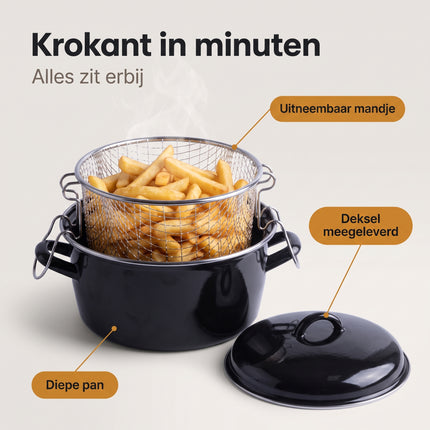 Cheqo® Frituurpan Emaille met Mandje - Friteuse met Inzet en Deksel - Frietpan - Oliebollenpan - Oliepan - Frituurmand - Geschikt voor Inductie en Gasfornuis - Frituren op het Fornuis - voor Friet en Snacks - voor Oud en Nieuw - Zwart - Benefit Map