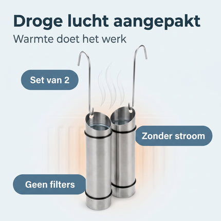 Cheqo® Radiator Waterverdamper Set van 2 - Luchtbevochtiger voor Radiator en Verwarming - RVS Verdampingsbakje met Ophanghaak - Verwarmingsbakje - Waterbakje voor Radiator - Luchtvochtigheid Verhogen - voor Woonkamer en Slaapkamer - Zilver - Benefit Map