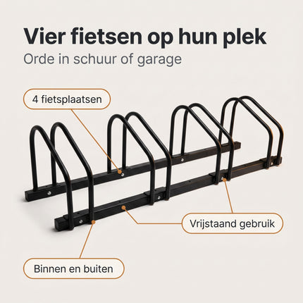 Cheqo® Fietsenrek voor 4 Fietsen - Fietsenstandaard - Fietsrek - Fietsenstalling - Fietsbeugel - Vloermontage en Muurmontage - voor Brede Banden - voor Binnen en Buiten - voor Garage - Schuur en Tuin - Fiets Standaard - Fietsen Rek - Zwart - Benefit Map