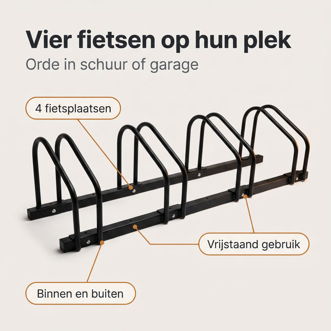 Cheqo® Fietsenrek voor 4 Fietsen - Fietsenstandaard - Fietsrek - Fietsenstalling - Fietsbeugel - Vloermontage en Muurmontage - voor Brede Banden - voor Binnen en Buiten - voor Garage - Schuur en Tuin - Fiets Standaard - Fietsen Rek - Zwart - Benefit Map