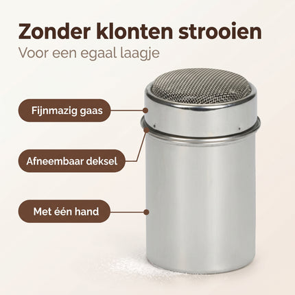 Cheqo® Poedersuikerstrooier - Cacaostrooier - Strooibus - Bloemsuiker Strooier - Poederstrooier met Zeef - Suikerstrooier - Kaneelstrooier - Kruidenstrooier - Bloemstrooier - Stofsuikerstrooier - Strooier voor Oliebollen en Cappuccino - Benefit Map