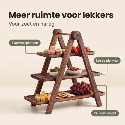 Cheqo® Etagere 3 Laags - Hout - Serveertoren - Serveerschaal - Serveerplank - Hapjesschaal - Fruitschaal - Serveerplateau - High Tea - Borrelplank - Tapasplank - Taartstandaard - Cupcake Standaard - Inklapbaar - Dienblad - Kaasplank - Benefit Map