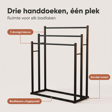 Cheqo® Handdoekrek - Handdoekenrek - Handdoekhouder Staand - Vrijstaand Handdoekrek voor Badkamer - Handdoekstang met 3 Stangen - zonder Boren - Handdoekhanger - Handdoekdroogrek - Extra Breed - voor Keuken - Badkameraccessoires - Mat Zwart - Benefit Map