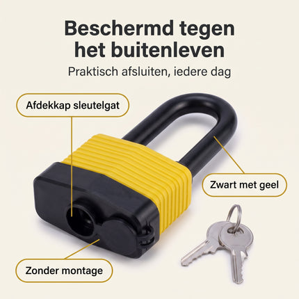 Cheqo® Hangslot met Sleutel - Weerbestendig Hangslot - Waterdicht Veiligheidsslot - Beugelslot met Lange Beugel - Hangsloten voor Buiten - Slot voor Schuur - Tuinpoort - Hek - Kluisje en Gereedschapskist - Zwart/Geel - Padlock - Hangslotje - Benefit Map