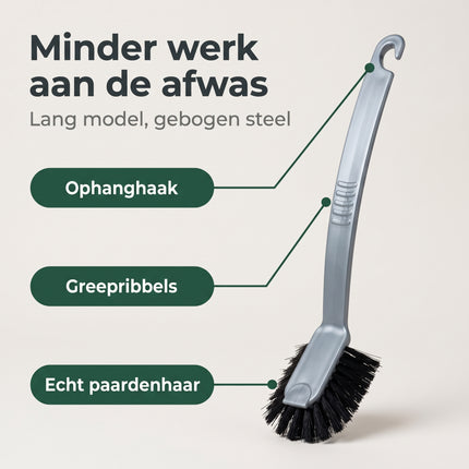 Cheqo® Afwasborstel Lang Model - Paardenhaar Afwasborstel met Lange Steel en Ophanghaak - Vaatwasborstel - Keukenborstel - Pannenborstel - Afwaskwast - Spoelborstel - Schoonmaakborstel - Kunststof Borstel voor Pannen en Glazen - Zwart Zilver - Benefit Map
