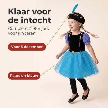 Cheqo® Pietenjurk Kind 110-116 - Paars Blauw - Sinterklaas Verkleedkleding - Pieten Kostuum voor Kinderen - Pietenpak voor Meisjes - Verkleden als Piet - Jurk met Pofmouwen en Pietenmuts - Pakjesavond en Intocht - ca. 5-6 Jaar - Benefit Map
