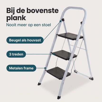 Cheqo® Huishoudtrap 3 Treden - Keukentrap Inklapbaar - Trapladder - Metalen Huishoudladder met Beugel - Keukentrapje - Opstapje - Vouwtrap - Huisladder - Trapje voor Thuis en Kantoor - Wit - Benefit Map