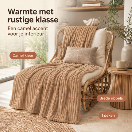 Cheqo® Fleece Deken - Plaid - Fleece Plaid met Ribstof - Woondeken - Knuffeldeken - Bankdeken - Plaid voor Bank - Grand Foulard - Sprei - Heerlijk Zacht en Warm - Camel Beige Plaid - Bruine Deken voor Bed en voor Woonkamer - Fleece Blanket - Benefit Map