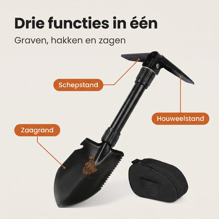Cheqo® Vouwschep met Draagtas - Opvouwbare Schep - Pioniersschep - Klapschep - Veldschep - Legerschep - Survival Schep - Campingschep met Houweel - Pikhouweel - Multifunctionele Schep - Klapspade - Schop met Zaag - Tuinschep voor Camping en Auto - Benefit Map