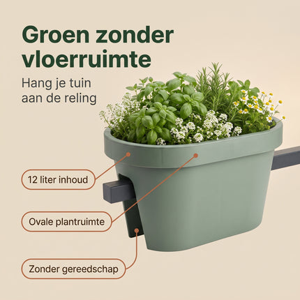 Cheqo® Balkonbak Saliegroen - Bloembak - Plantenbak voor Reling - Bloempot - Plantenpot - Hangende Plantenbak voor Balkonleuning - Ovale Balkonbak voor Buiten - Bloembak voor Balkon en Schutting - Groene Plantenbak voor Tuin en Terras - Benefit Map