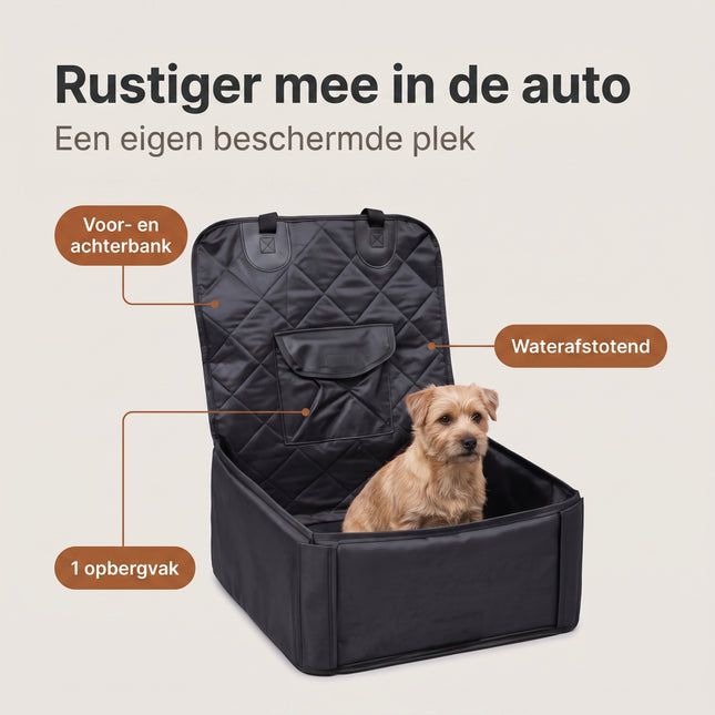 Cheqo® Hondenmand Auto - Autostoel Hond - Autostoel voor Honden - Automand Hond - Hondenstoel - Autozitje Hond - voor Achterbank en Voorstoel - voor Kleine en Middelgrote Honden - Puppy - Waterafstotend - Antislip - met Opbergvak - Reismand Hond - Benefit Map