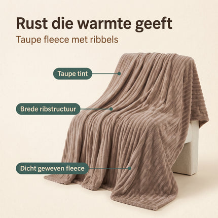 Cheqo® Fleece Deken - Plaid - Fleece Plaid met Ribstof - 2 Persoons Deken - Lits-Jumeaux Plaid - XL Deken - Bedsprei - Woondeken - Knuffeldeken - Bankdeken - Plaid voor Bank - Grand Foulard - Sprei - Taupe Plaid - Deken voor Bed - Fleece Blanket - Benefit Map
