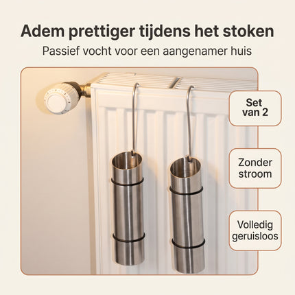 Cheqo® Waterverdamper Set van 2 - Luchtbevochtiger Radiator - Radiator Waterverdamper - Waterverdamper Verwarming - Luchtbevochtiger RVS - Waterbakje Radiator met Ophanghaak - Waterverdamper Hangend - Luchtvochtigheid Verhogen tegen Droge Lucht - Benefit Map