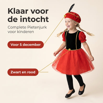 Cheqo® Pietenjurk Kind 110-116 - Zwart Rood - Sinterklaas Verkleedkleding - Pieten Kostuum voor Kinderen - Pietenpak voor Meisjes - Verkleden als Piet - Jurk met Pofmouwen en Pietenmuts - Pakjesavond en Intocht - ca. 5-6 Jaar - Benefit Map
