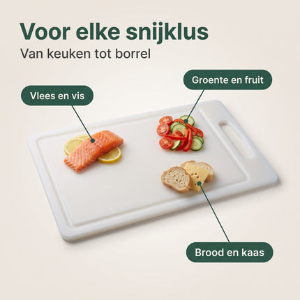 Cheqo® Snijplank - Kunststof Snijplank Wit met Handvat en Lekrand - Sapgroef - Plastic Snijplank - Keukenplank - Snijplank voor Vlees - Groente - Fruit en Vis - Broodplank - Serveerplank - Borrelplank - Tapasplank - Kaasplank - Grote Snijplank - Benefit Map