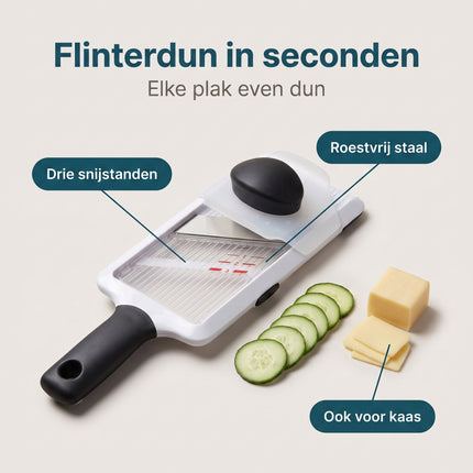 Cheqo® Mandoline - Groentesnijder - Handmandoline met Veiligheidshouder - Groenteschaaf - Keukenmandoline - Komkommerschaaf - Keukensnijder - Aardappelschaaf - Uiensnijder - Fruitsnijder - Snijhulp voor Groente en Fruit - Wit/Zwart - Benefit Map