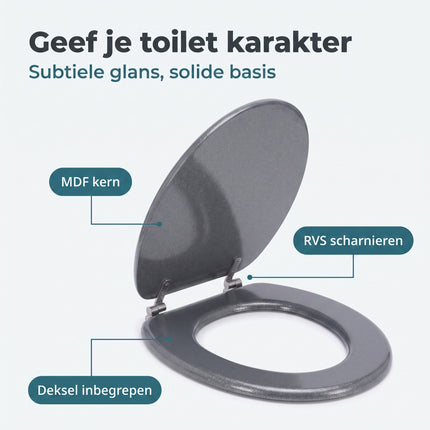 Cheqo® Toiletbril - WC Bril - Toiletzitting - Closetbril - Toiletdeksel - Glitter Toiletbril - Zilveren WC Bril - Grijze WC Bril - Toiletbril MDF - Houten Toiletbril - Universele Toiletbril - Ovale Toiletbril met Deksel - RVS Scharnieren - Benefit Map