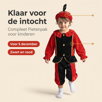 Cheqo® Pietenpak Kind 98-104 - Zwart Rood - Sinterklaas Verkleedkleding - Pieten Kostuum voor Kinderen - Pietenpak voor Jongens en Meisjes - Verkleden als Piet - Jasje en Pofbroek met Pietenmuts - Pakjesavond en Intocht - ca. 3-4 Jaar - Benefit Map