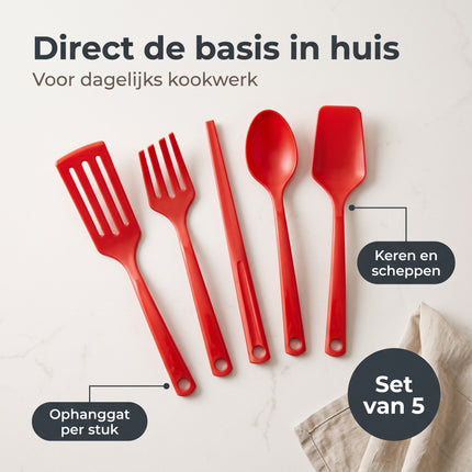 Cheqo® Keukengerei Set van 5 - Kookgerei - Spatelset - Kunststof Keukengereedschap - Keukenhulpen - Keukenbenodigdheden - Kookgereedschap - Spatel en Opscheplepel - voor Camping en Caravan - voor Studentenkamer - Benefit Map