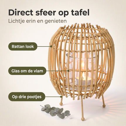Cheqo® Rattan Look Lantaarn - Rotan Look Windlicht voor Kaarsen - Kaarsenhouder op Pootjes - Waxinelichthouder - Ronde Lantaarn voor Binnen en Buiten - Tafeldecoratie voor Woonkamer en Tuin - Boho Decoratie - Beige of Zwart Assorti - Benefit Map