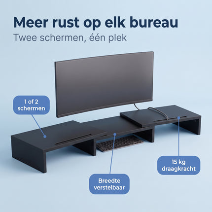 Cheqo® Monitor Standaard - Monitorstandaard - Monitor Verhoger - Beeldschermverhoger voor 2 Schermen - Verstelbaar en Uitschuifbaar - Bureau Organizer - Laptop Standaard - Bureauverhoger - Ergonomisch - Telefoonhouder - Kabelmanagement - Zwart - Benefit Map