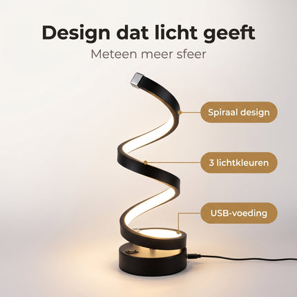 Cheqo® LED Tafellamp - Spiraal Tafellamp - Modern Spiraal Design - Dimbaar - Touch Bediening - Bureaulamp - Sfeerlamp - Nachtlamp - Bedlampje voor Slaapkamer en Woonkamer - Decoratieve Verlichting voor Nachtkastje - Zwart - USB - Benefit Map