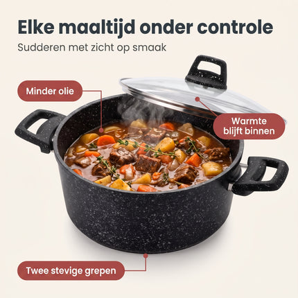 Cheqo® Braadpan met Deksel - Kookpan - Stoofpan - Soeppan - Braadpan Inductie - Hapjespan - Stoofpot - Pan met Glazen Deksel - Braadpan Antiaanbaklaag - Braadpan Granietcoating - Braadpan Zwart - Braadpan voor Alle Warmtebronnen - Stamppotpan - Benefit Map