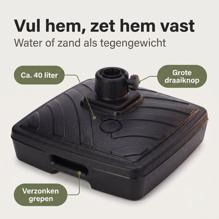 Cheqo® Parasolvoet - Parasolstandaard Vulbaar met Water of Zand - Vierkant - Kunststof - voor Stokparasol - voor Tuin - voor Terras - voor Balkon - Parasol Voet - Parasolhouder - met Draaiknop - met Handgrepen - Parasolstander - Benefit Map