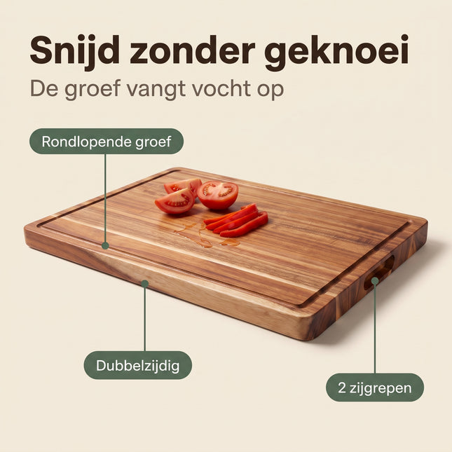 Cheqo® Houten Snijplank Acacia Hout - Snijplank met Sapgroef en Handvaten - Dubbelzijdig - Serveerplank - Borrelplank - Broodplank - Hakblok - Vleesplank - Kaasplank - Tapasplank - Keukenplank van Massief Hout met Sapgeul voor Keuken en BBQ - Benefit Map