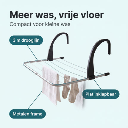 Cheqo® Droogrek Hangend - Radiator Droogrek met 3 m Waslijn en Drooglijn - Hangdroogrek voor Balkon Verwarming en Badkamer - Inklapbaar Metalen Wasrek - Wasdroger Rek voor Kleding en Handdoeken - Ruimtebesparend - Zilver - Benefit Map