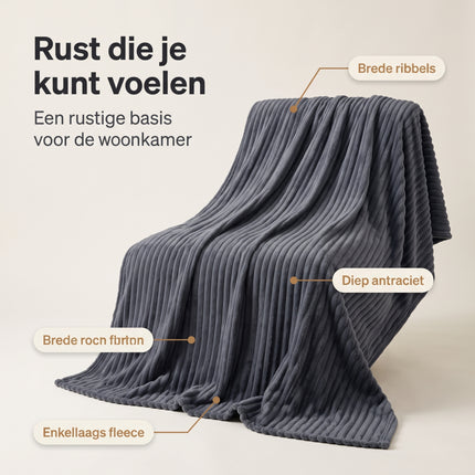 Cheqo® Fleece Deken - Plaid - Fleece Plaid met Ribstof - Woondeken - Knuffeldeken - Bankdeken - Plaid voor Bank - Grand Foulard - Sprei - Heerlijk Zacht en Warm - Antraciet Plaid - Grijze Plaid - Deken voor Bed en voor Woonkamer - Fleece Blanket - Benefit Map