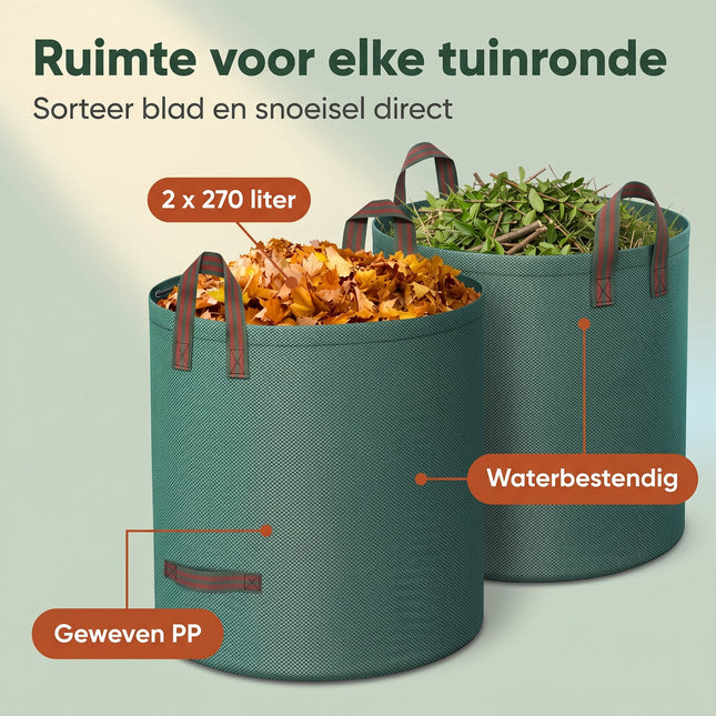 Cheqo® Tuinafvalzak Set van 2 - Tuinzak - Bladzak - Tuinvuilzak - Groenafvalzak - Bladerzak - Afvalzak voor Tuin - Opvouwbaar - Zelfstaand - met Handgrepen - Herbruikbaar - Waterdicht - voor Bladeren - Gras en Snoeiafval - Tuintas - Groen - Benefit Map