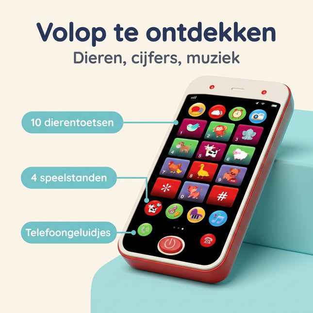 Cheqo® Speelgoedtelefoon - Kindertelefoon - Babytelefoon - Speelgoed Smartphone - Speeltelefoon - Kinder GSM - Educatief Speelgoed - Interactief Speelgoed - Peuterspeelgoed - Babyspeelgoed met Touchscreen - Dierengeluiden - Licht en Geluid - Benefit Map