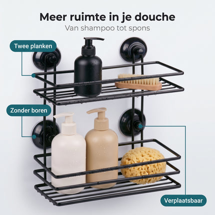 Cheqo® Badkamerrek 2 Laags - Doucherek - Doucherekje - Zonder Boren - met Zuignap - Zelfklevend - Hangend - Opbergrek - Badrek - Douchemandje - Wandrek - Badkamer Organizer - voor Shampoo - voor Douche - Keukenrek - Zwart - Benefit Map