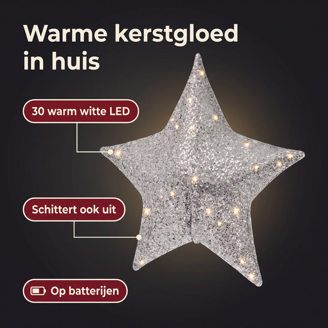 Cheqo® Verlichte Kerstster Zilver - LED Kerstster met Kerstlampjes - op Batterijen met Timer - Kerstverlichting voor Binnen - Kerstdecoratie om op te Hangen - Warm Wit - Sfeerverlichting - Verlicht Kerstfiguur - Adventster - Raamdecoratie Kerst - Benefit Map