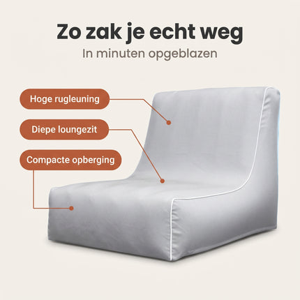Cheqo® Opblaasbare Sofa Lichtgrijs - Zitzak Buiten - Opblaasbare Loungestoel - Lounge Fauteuil - Zitzak Volwassenen - Opblaasbare Stoel - Beanless Zitzak - Loungestoel voor Tuin - Relaxstoel - Ligstoel - Outdoor Sofa - Strandstoel - Campingstoel - Benefit Map