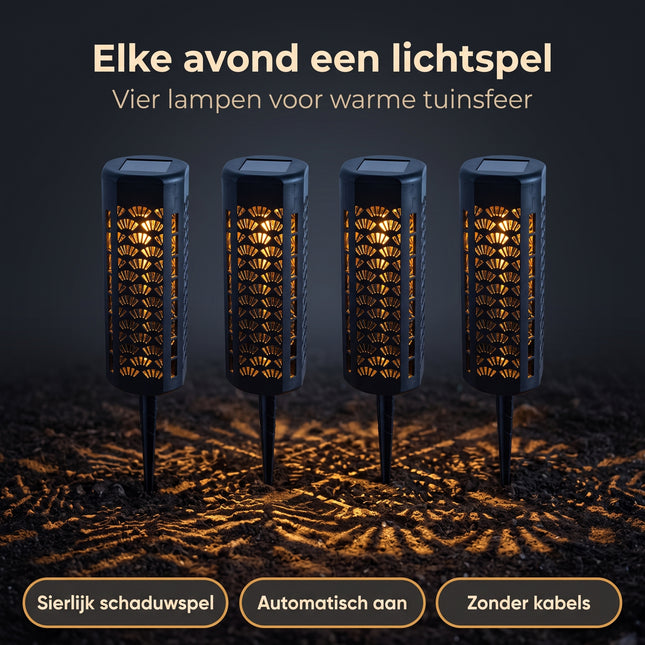 Cheqo® Solar Tuinverlichting - Tuinlampen Set van 4 - Tuinverlichting op Zonne-energie - Sfeerverlichting voor Buiten met Schaduweffect - Padverlichting - Prikspots met Grondspies - Buitenverlichting - Tuinlantaarn - Warm Wit LED Licht - Benefit Map