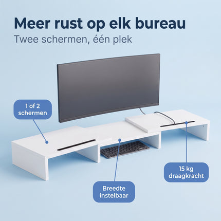 Cheqo® Monitor Standaard - Monitor Verhoger - Monitorstandaard voor 2 Schermen - Verstelbaar en Uitschuifbaar - Beeldscherm Verhoger - Beeldschermverhoger - Monitorverhoger - Laptop Standaard - Bureau Organizer voor Kantoor - Ergonomisch - Benefit Map