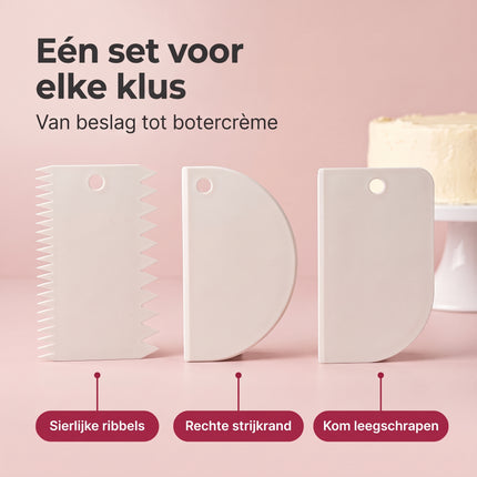 Cheqo® Deegschraper Set van 3 - Taartschraper voor Fondant en Glazuur - Deegkrabber - Deegsnijder - Spatel voor Taart en Cake - Taartkam voor Botercrème - Deegkaart - Cake Decoratieset - Garneergerei - Bakspullen - Wit - Benefit Map
