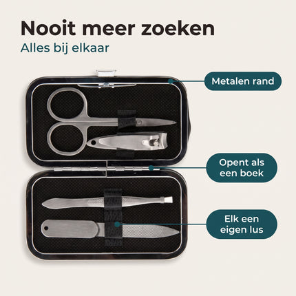 Cheqo® Manicureset 4-Delig in Etui Zwart - Nagelknipper - Pincet - Nagelvijl - Nagelschaar - Nagelset - Nagelverzorging - Pedicureset - Manicure Reisset - voor Dames en Heren - Cadeauset - Nageletui - Handverzorging - Benefit Map