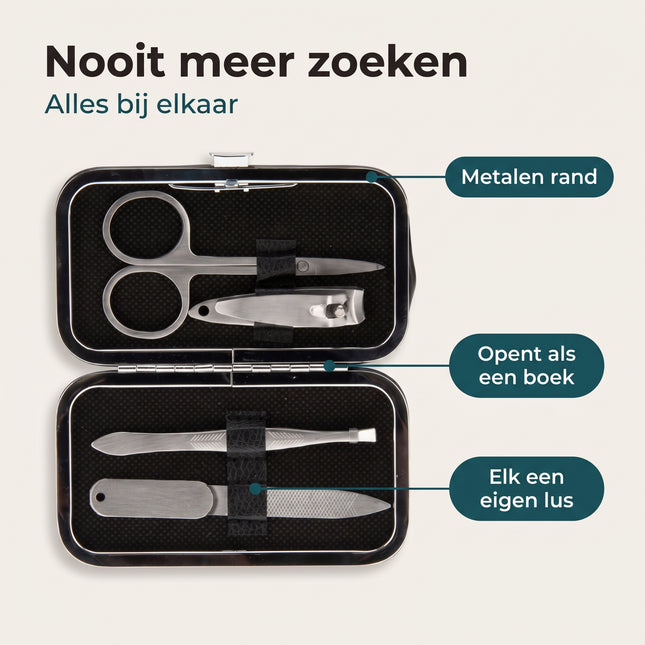 Cheqo® Manicureset 4-Delig in Etui Zwart - Nagelknipper - Pincet - Nagelvijl - Nagelschaar - Nagelset - Nagelverzorging - Pedicureset - Manicure Reisset - voor Dames en Heren - Cadeauset - Nageletui - Handverzorging - Benefit Map