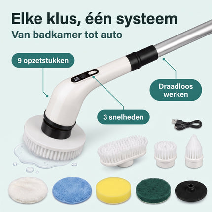 Cheqo® Elektrische Schoonmaakborstel - Elektrische Schrobber - Schrobborstel - Spin Scrubber - Roterend - Draadloos - Oplaadbaar - Schrobber met Steel - Verlengsteel - Poetsmachine - Luiwagen - voor Badkamer en Keuken - met 9 Opzetstukken - Benefit Map