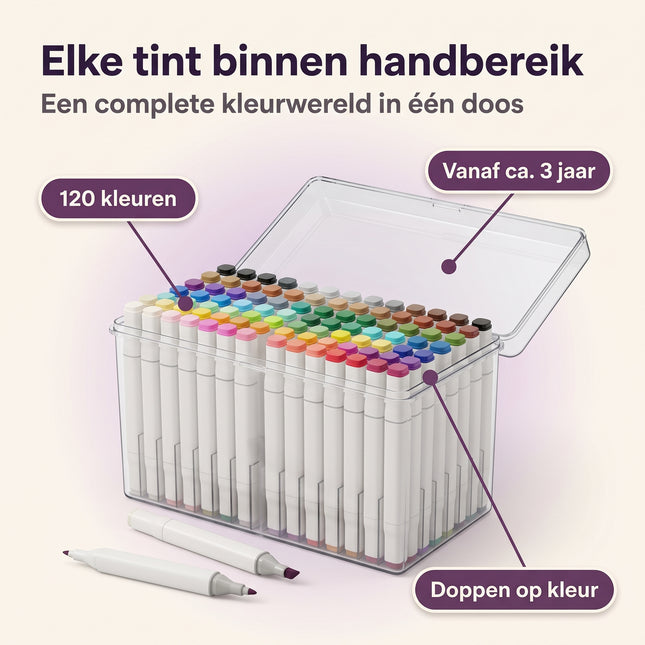 Cheqo® Twinmarkers 120 Stuks - Dual Tip Markers - Dubbelzijdige Stiften met Fijne en Brede Punt - Markeerstiften - Tekenstiften voor Volwassenen en Kinderen - Kleurstiften - Viltstiften - 120 Kleuren in Opbergdoos - Hand Lettering en Schetsen - Benefit Map